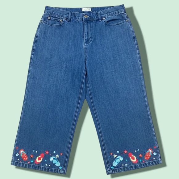 Christopher & Banks Denim - Christopher & Banks Womens 12 Embroidered Flip Flop Denim Crop Jeans Wide Leg